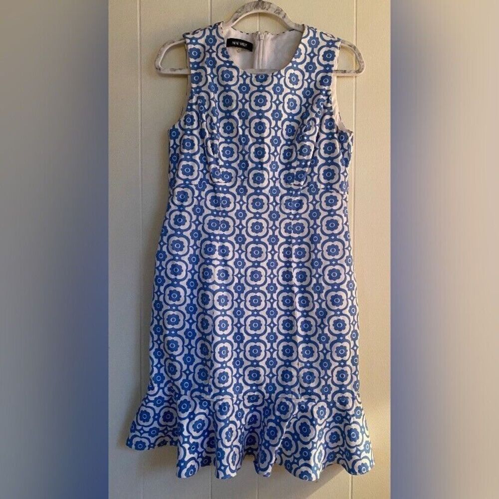 Nine West Dress Women’s 4 Blue White Geometric Cotton Stretch Ruffled Hem Summer